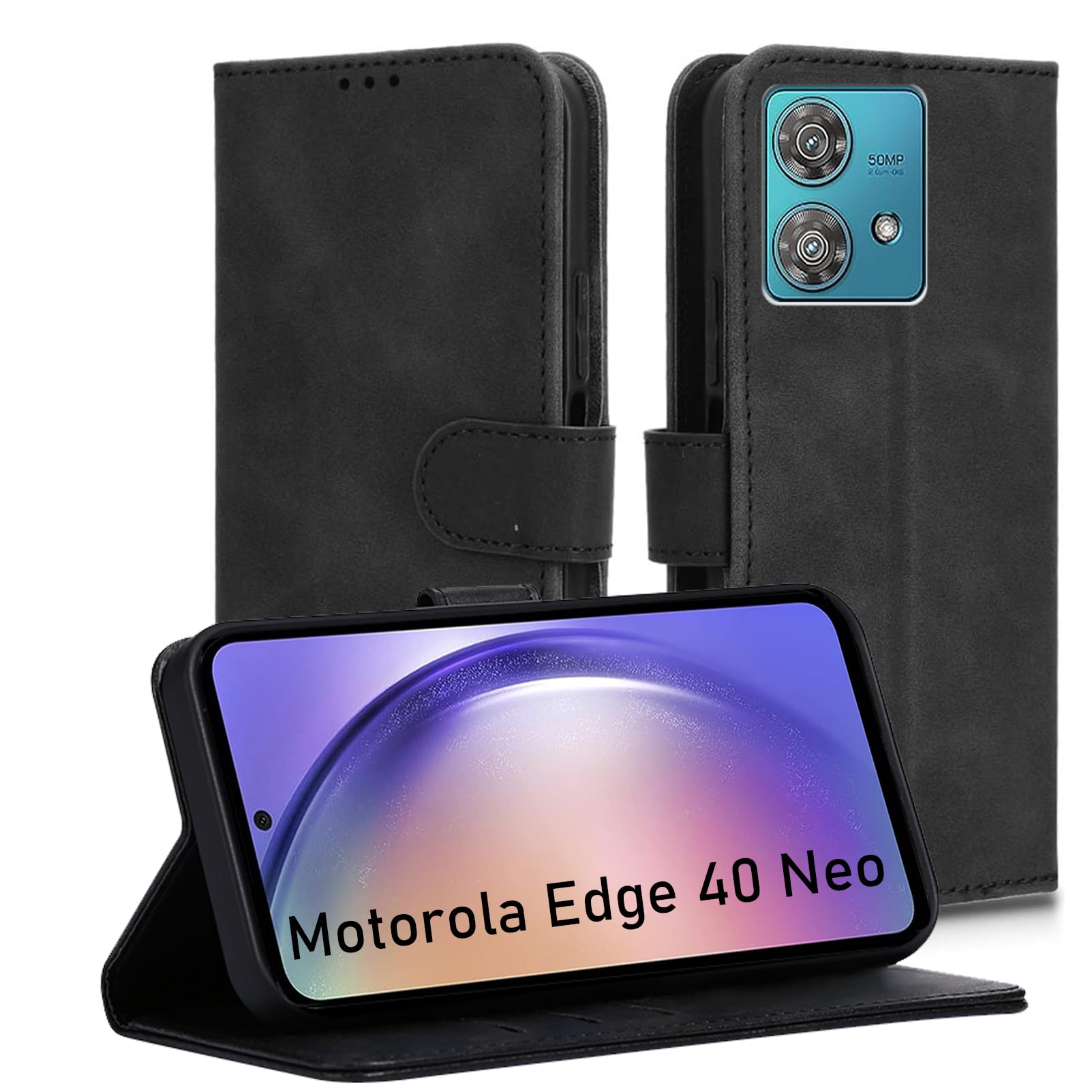 HuiYouMY 1 Case Compatible with Motorola Edge 40 Neo Leather Phone Case, Wallet Case Cover [Card Slots] [Kickstand] Magnetic Closure Full Protection Book Folio Design wallet flip phone case - Black