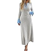 Evzeiem Womens Sweater Dress V Neck Ribbed Maxi Dress Long Bell Sleeves Button Down Slim Fit Bodycon Casual Knit Dress