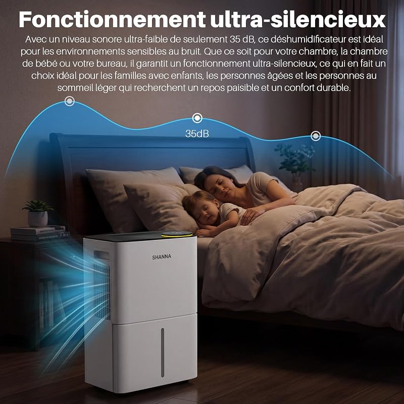 Deshumidificateur d air 15L/J, déshumidificateur pour maison 40m² avec arrêt automatique, idéal pour, salles de bains, chambres, appartements, sous-sols, Échange 1 an, Gar. 10 ans