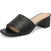 DOBOLIN Women's Raffia Woven Heeled Slide Sandals | Square Open Toe Slip On Mules Low Block Heel Dressy Summer Slide Sandals for Vacation Beach Casual