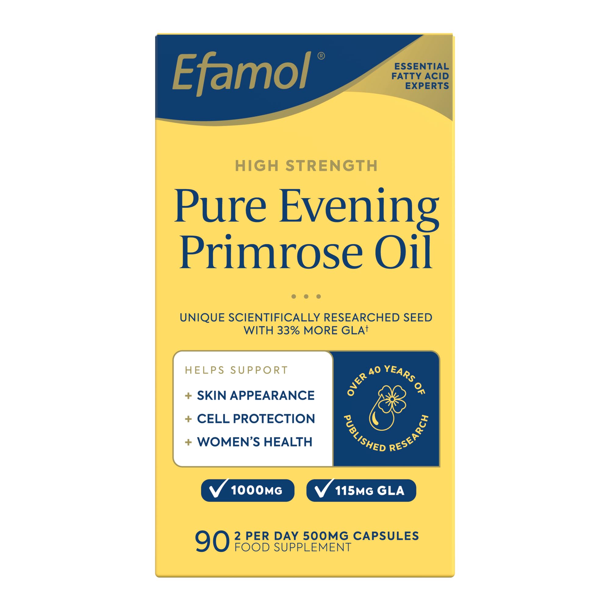 Efamol Evening Primrose Oil Capsules 500mg | High Strength Pure Evening Primrose Oil | Vitamin E | Menopause Vitamins | Helps Support Smooth Skin | 90 Capsules