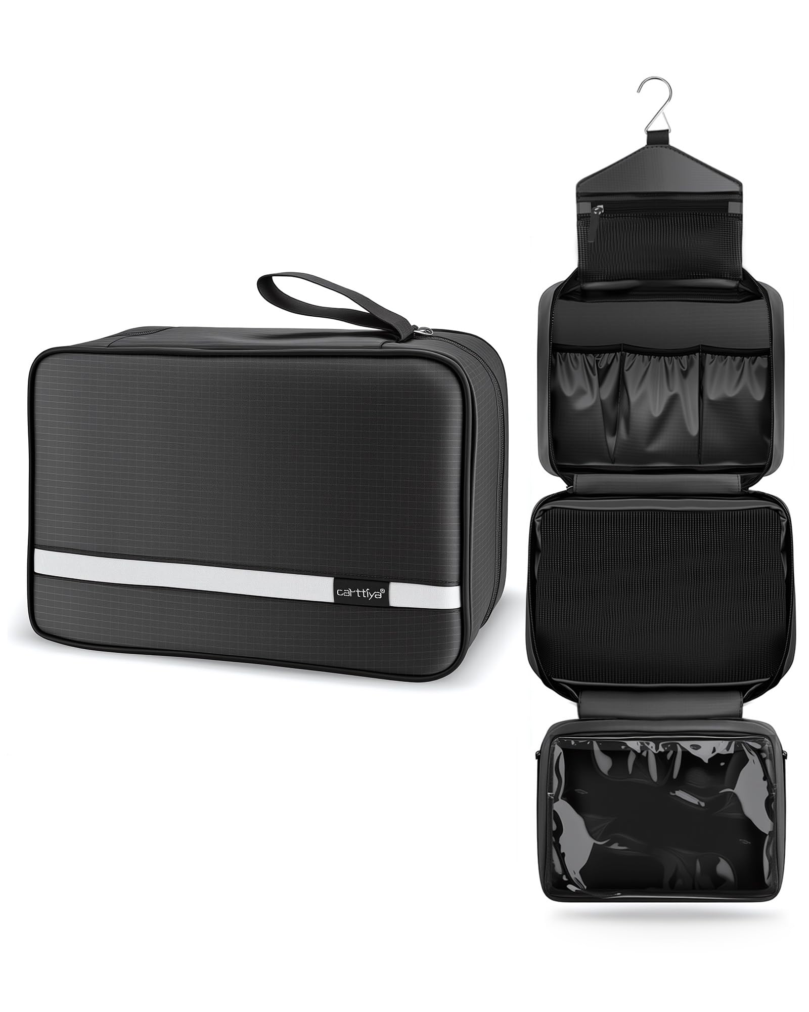 Carttiya Hanging Travel Toiletry Bag - Large Wash Bag for Men and Women, Waterproof Foldable Cosmetic Bag Make up Toiletry Bag with Hook for Business Trip, Gym, Vacation and Household (Black)