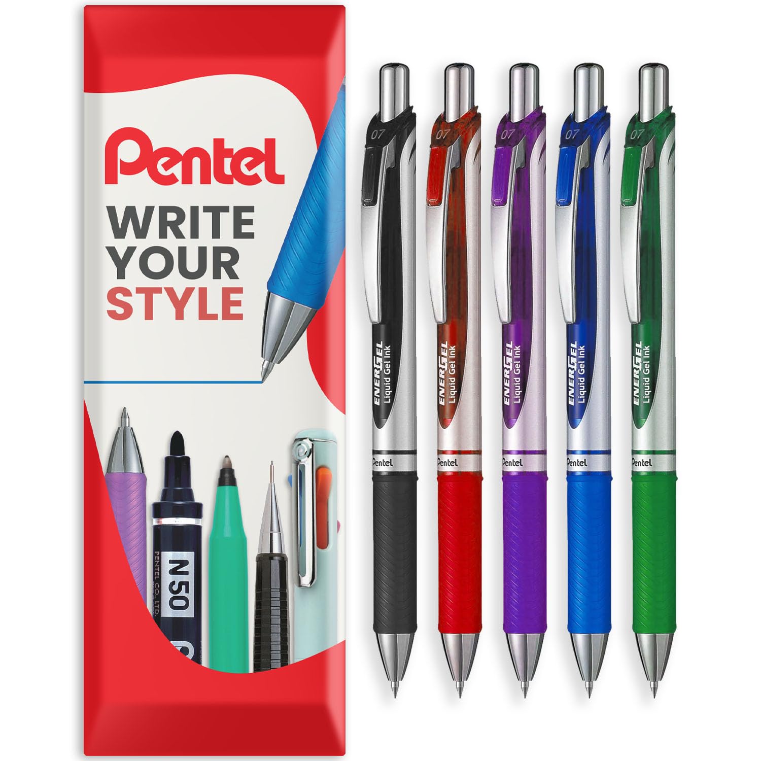 Pentel EnerGel XM BL77 - Retractable Liquid Gel Ink Pen - 0.7mm - 54% Recycled - In Envelope Gift Packaging (Teacher's Pack of 5)