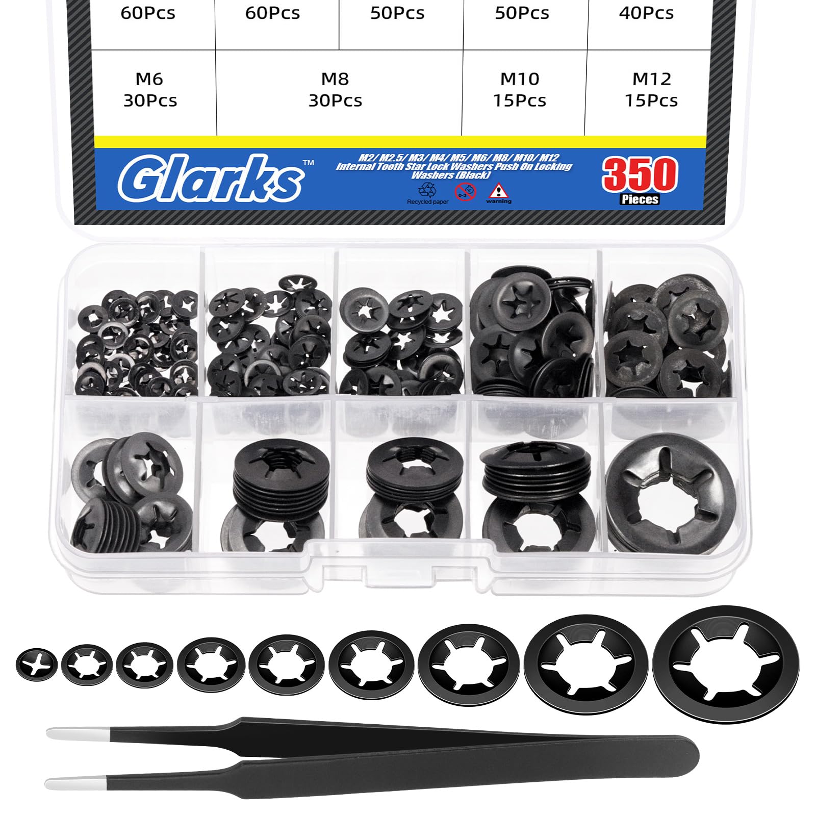 Glarks 351pcs 65Mn-Steel Internal Tooth Star Lock Washers Assortment Kit M2 M2.5 M3 M4 M5 M6 M8 M10 M12Quick Speed Locking Washers Push on Locking Washers