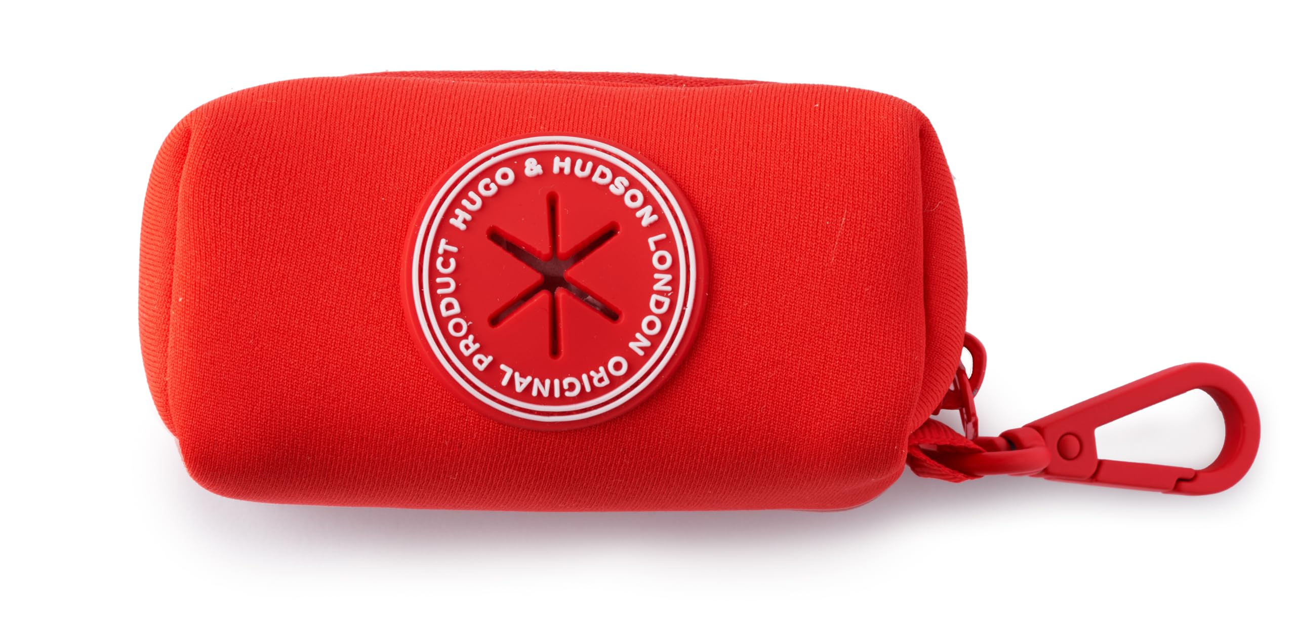 HUGO & HUDSON Dog Poop Waste Bag Dispenser, Poo Bag Holder with Carabiner Clip, Red