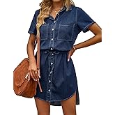 luvamia Women Casual Denim Dress Short Sleeve Tie Waist Classic Jean Shirt Dress