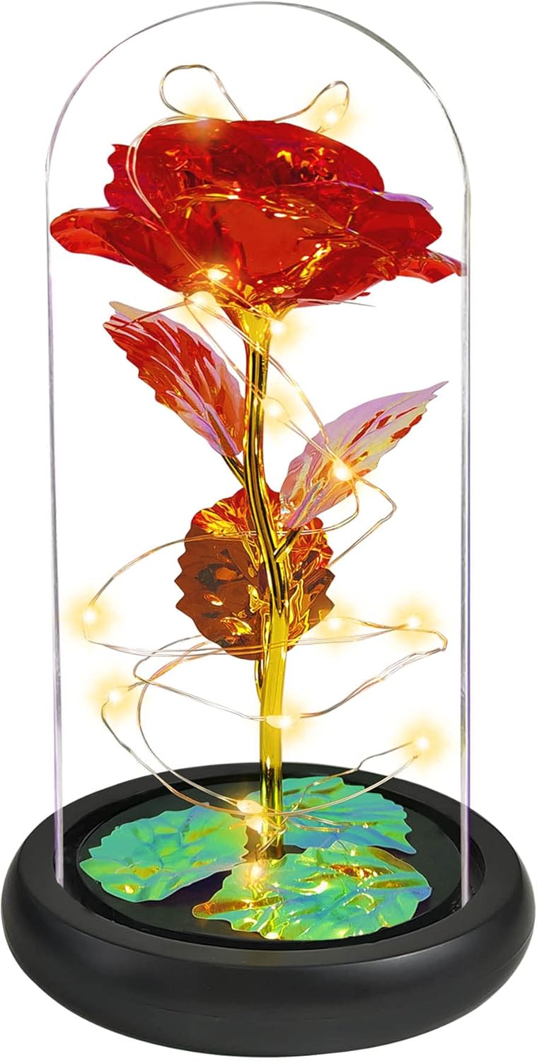 Dried & Preserved Flora - Jeekgsk Gifts for Women Gifts for Her Light up Rose in Glass Dome Roses Flower Xmas Gifts for Mom Valentine's Day Gifts Wedding Anniversary Thanksgiving (Red)