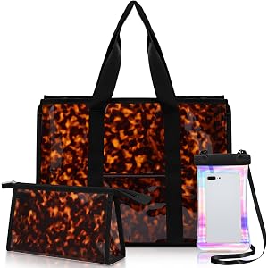 Yoojahow 3 Pcs Waterproof Beach Bags Women Clear Iridescent Tote Bag Cosmetic Pouch for Phone Travel Beach Pool Essentials