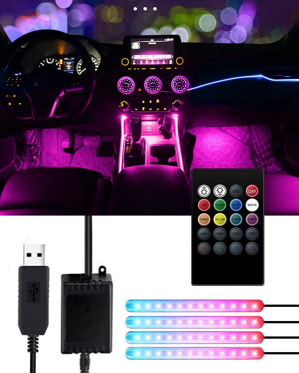 Interior Car Lights Trongle Car Strip LED Lights, Waterproof with 4pcs 48 LEDs 8 Colors with Sound Sensor and Remote Control, USB Port Cars Charger Light Bar, Car Music Sound-activated Lighting, DC 5V