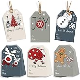 60 Pack Christmas Gift Tags Merry Christmas Party Favor Name Tags, Holiday Presents Hanging Tag Watercolor Labels with Ropes for Xmas Party Seasonal Gift Wrapping DIY Decor, 6 Designs