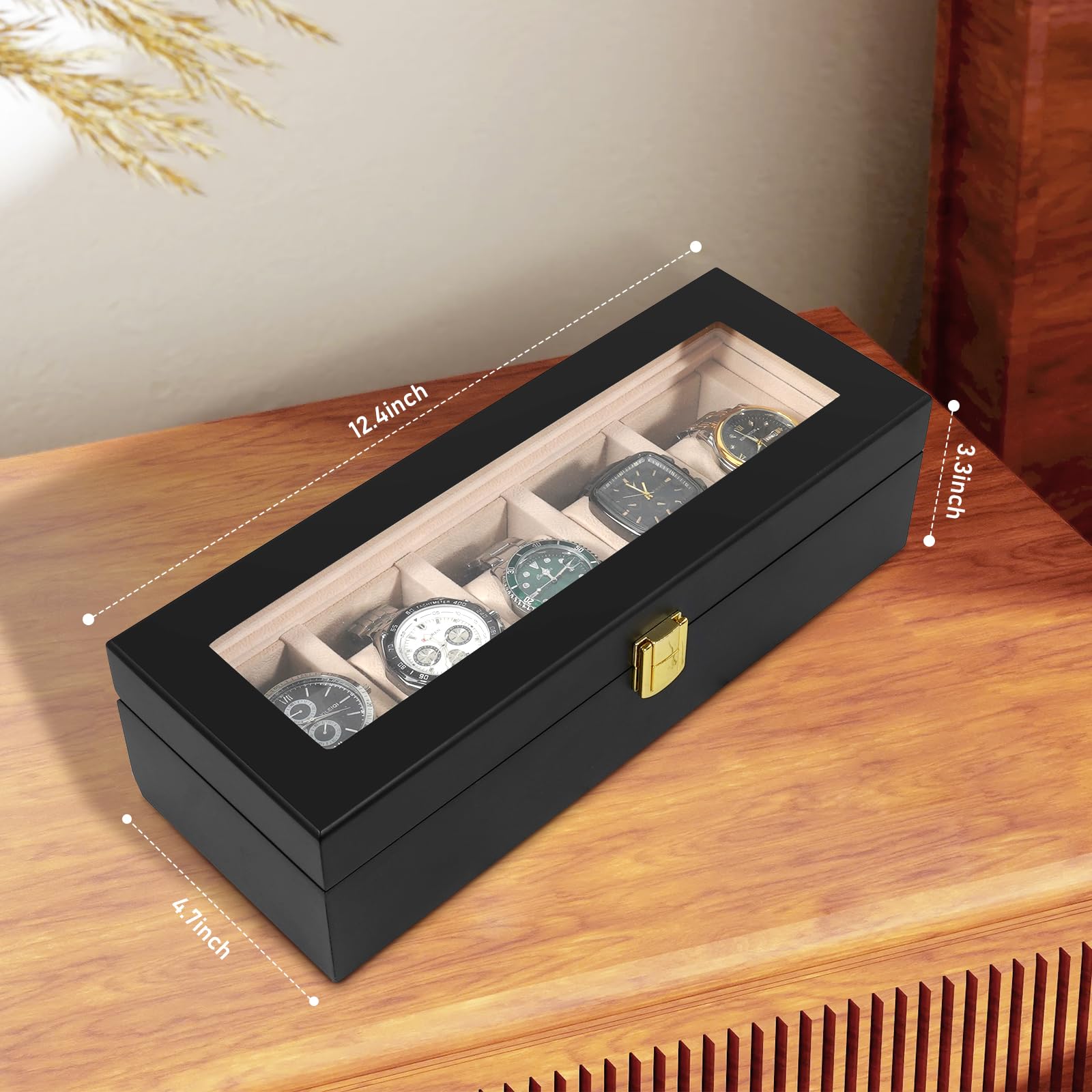 Vockow Wooden Watch Storage Box - 5 Slot Watch Display Case for Men Women | Watch Holder Organizer fit Watches with Dial Size up to 52 mm Black