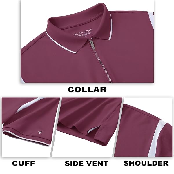 ROUEN GOLF SHIRTS FOR MEN DRY FIT SHORT SLEEVE CASUAL LIGHTWEIGHT MOISTURE WICKING SOLID ZIPPER MEN’S POLO SHIRTS BORDEAUX