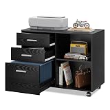 DEVAISE 3 Drawer Mobile File Cabinet, Wood Lateral Filing Cabinet, Printer Stand with Open Shelves for Home Office, Black