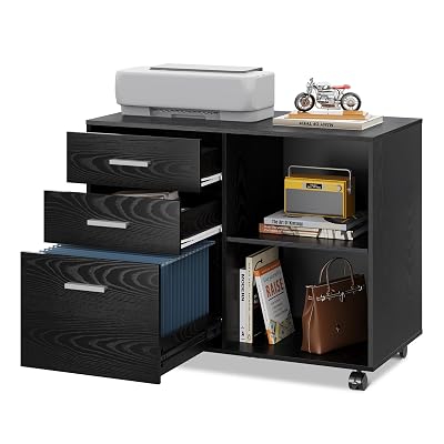 DEVAISE 3 Drawer Mobile File Cabinet, Wood Lateral Filing Cabinet, Printer Stand with Open Shelves for Home Office, Black