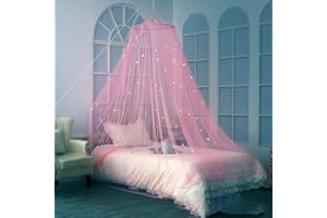 MONYPLAY Pink Hanging Mosquito Net Round Princess Bed Canopy White Dustproof Fine Mesh Mosquito Nets with Glow in The Dark Luminous Stars (Pink, 60cmx250cmx850cm)