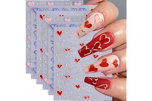 BYJKYEN Heart Nail Art Stickers 6 Sheets Valentine's Day Nail Decals 3D Self Adhesive Hearts Nail Sticker Pink Purple Red Gold Heart Love Nail Art Design Holiday Manicure Nail Accessories for Women Girls