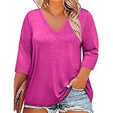 ZDC Womens Plus Size Tops 3/4 Sleeve V Neck T Shirts Casual Loose Fit Tee Tunic Blouse