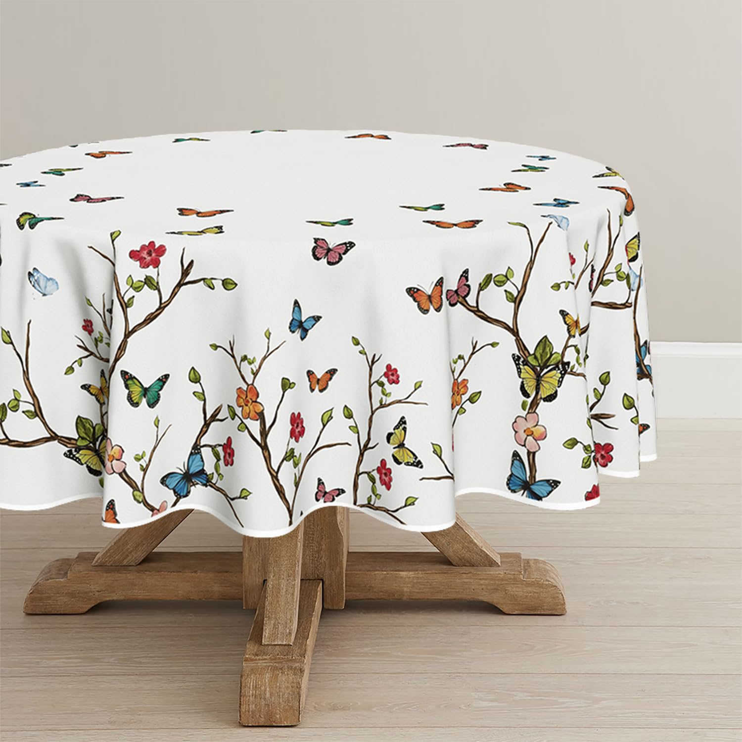 Photo 1 of Horaldaily Spring Tablecloth 90×90 Inch Round, Butterfly Washable Seasonal Table Cover for Party Picnic Dinner Decor