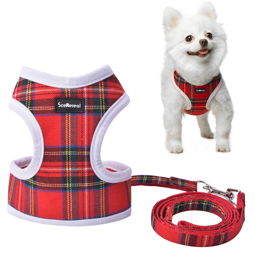 Small Dog Harness and Lead - Red Plaid Adjustable Vest for Puppy Cats Small Pets Cute and Soft