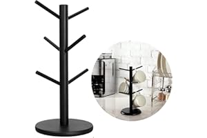 SUIXI Black Coffee Mug Tree with 6 Hooks, Elegant Wooden Rack for Counter, Versatile Mug Holder (Black)