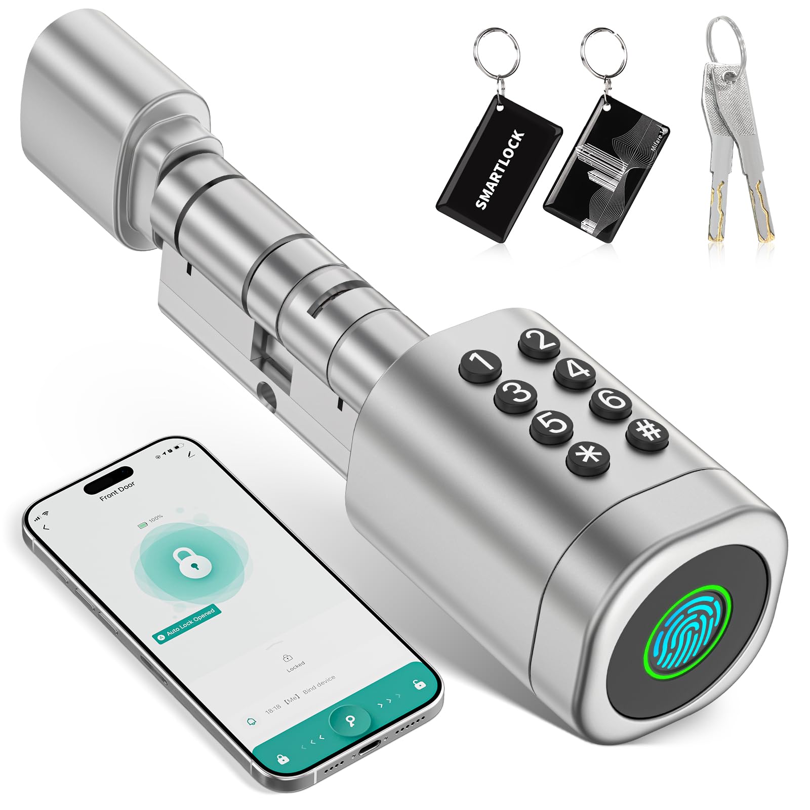 Ruveno Intelligent Lock, Electronic Fingerprint Door Lock, Adjustable Cylinder Length for 35-60mm Door, 5-in-1 Keyless Access: Fingerprint, Key, Code, Card, App Control