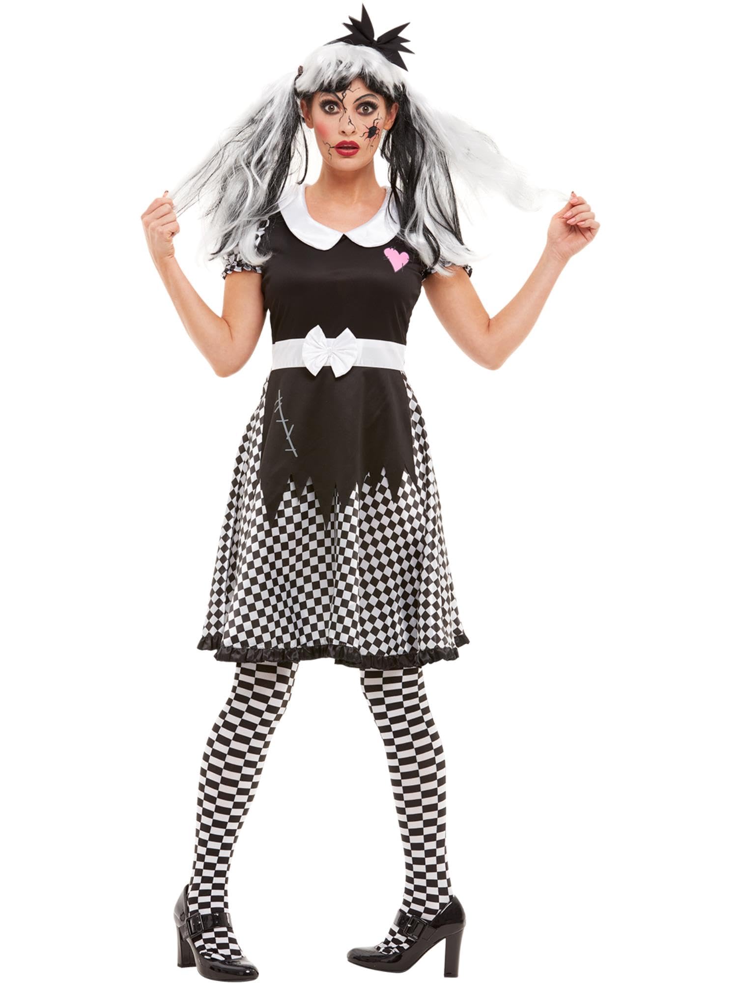 Smiffys Broken Doll Costume, Black with Dress & Headband, Halloween Twisted Fairytale Fancy Dress, Doll Dress Up Costumes