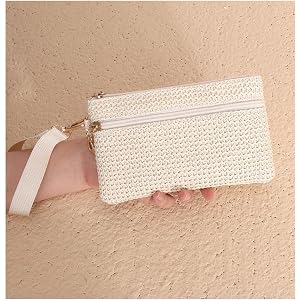 Wristlet Wallets for Women, Bohemian Straw Clutch Bag - Beach Wristlet Purse with Zipper