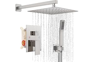 Baetuy Shower Faucet Set Bathroom Square Rain Shower Head and Handle Set, Wall Mounted Shower Fixtures With Shower Valve and Trim Kit 10 inch Brushed Nickel