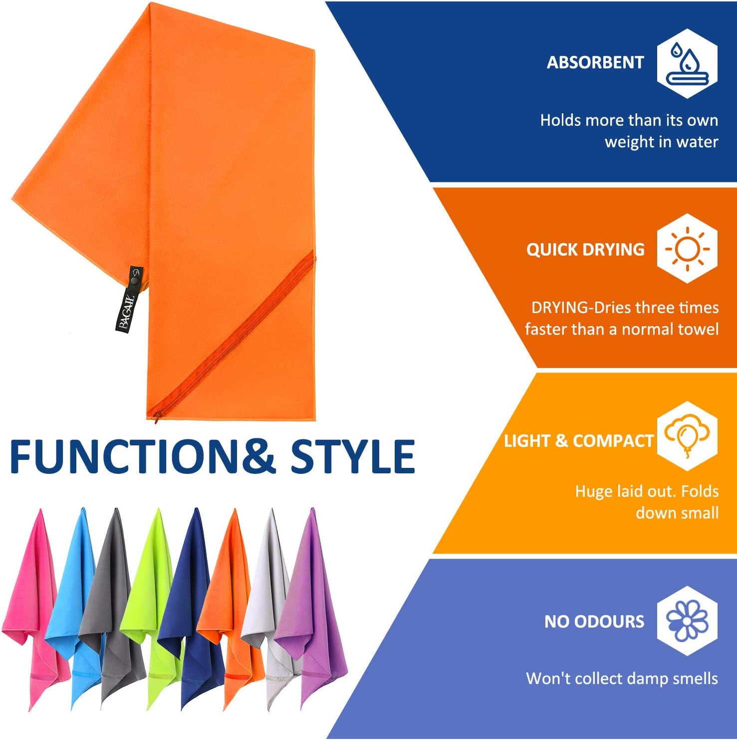 BAGAIL Microfiber Camping Towels Perfect Sports & Travel & Beach Towel. Fast Drying - Super Absorbent - Ultra Compact. Suitable for Gym, Beach, Swimming, Backpacking : Sports & Outdoors