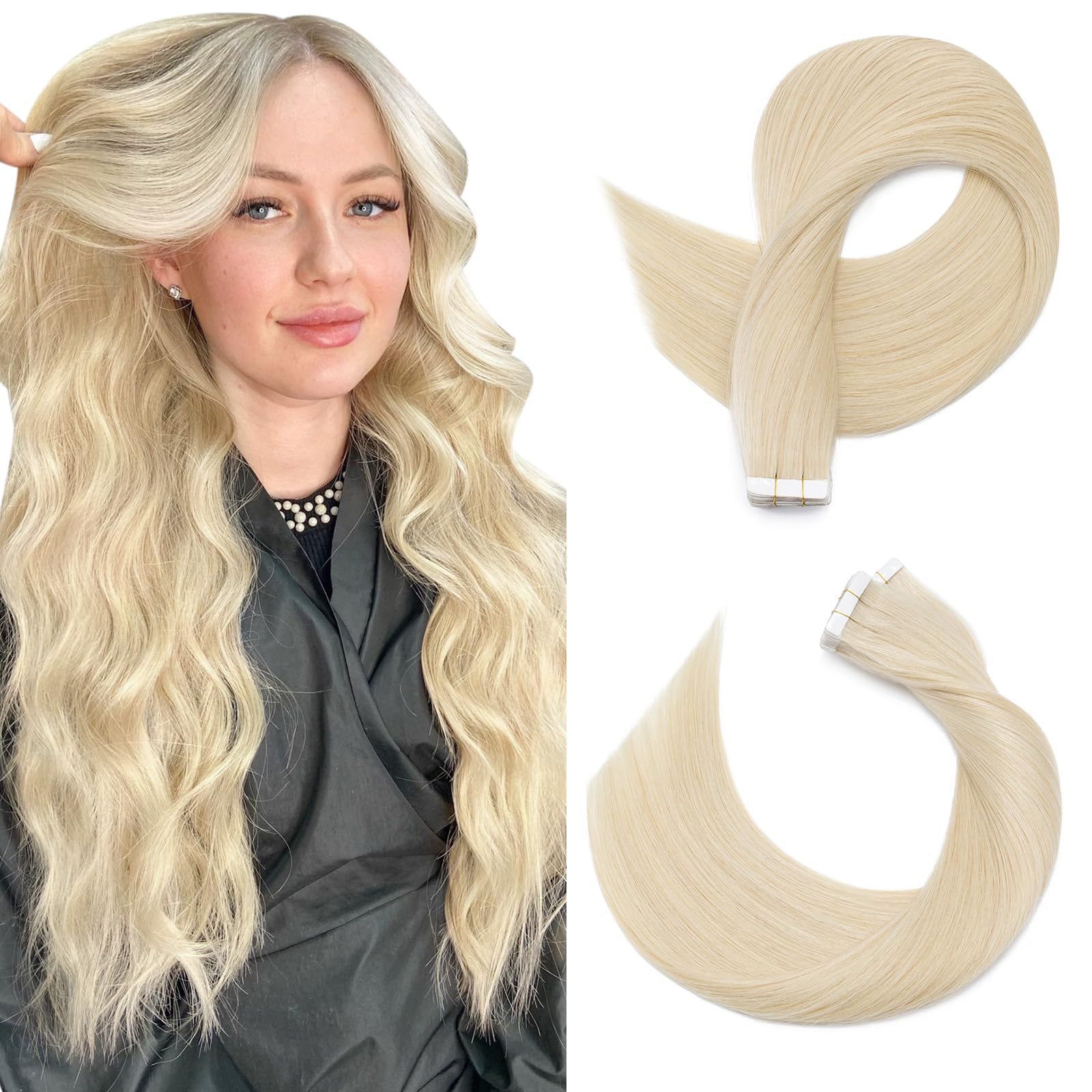 SEGOHAIR Tape in Hair Extensions Human Hair, 18" Invisible 10Pcs Real Hair Straight Natural Remy Tape Hair Extensions - Platinum Blonde — image 1