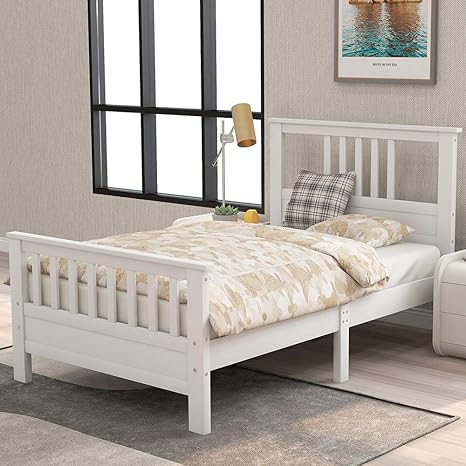 Amazon Com Twin Bed Frame Twin Platform Bed With Headboard Wood Twin Size Bed Frame For Kids No Spring Box Needed White Twin Bed Kitchen Dining