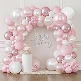 Pink and White Balloons Arch Kit, Double Stuffed Pastel Pink Balloon Garland Include Light Pearl Pink White and Metallic Pink Balloons for Coquette Wedding Birthday Party Bridal Shower Decorations