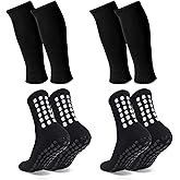 Barrlves 2 Set Grip Soccer Socks and Shin Guard Sleeves Non Slip Soccer Sleeve Socks for Men Women