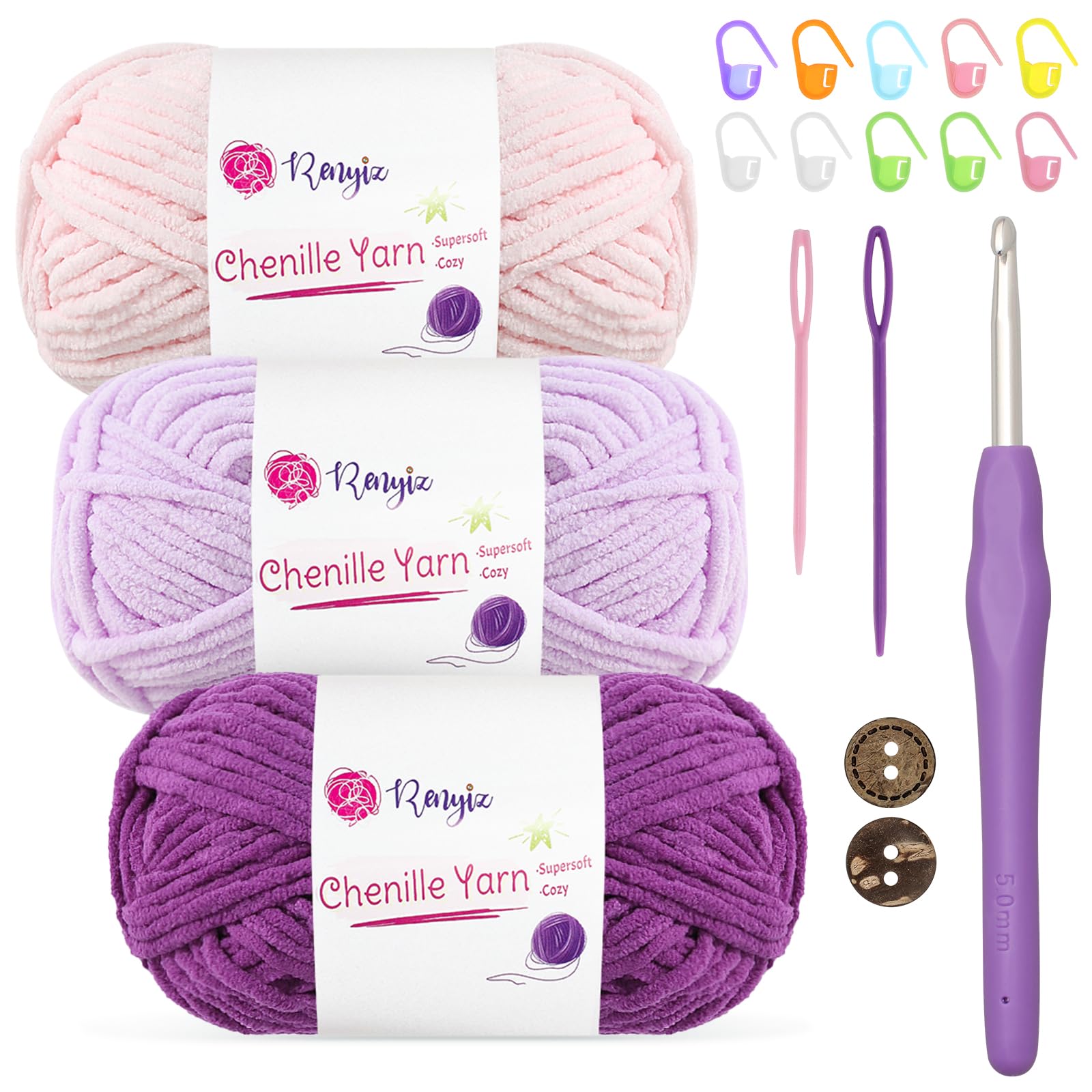 Renyiz Chunky Chenille Yarn for Crochet Fluffy Baby Blanket Yarn 3x50g Soft Fluffy Wool with 5mm Crochet Hook Amigurumi Crochet Yarn for Beginners (Purple-3) — image 1