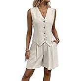 Women's 2 Piece Outfits Summer Linen Vest Waistcoat and Shorts Suits Dressy Casual Vacation Beach Two Piece Sets