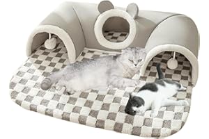 CXYYXF Cat Tunnel Bed Indoor,Cat Peekaboo Cave Bed for Multiple Cats,Kitty Tube with Cat Balls Toys,Removable Cat Bed House Washable,Small Animal Tunnel for Kitty,Bunny (Grey,Medium)