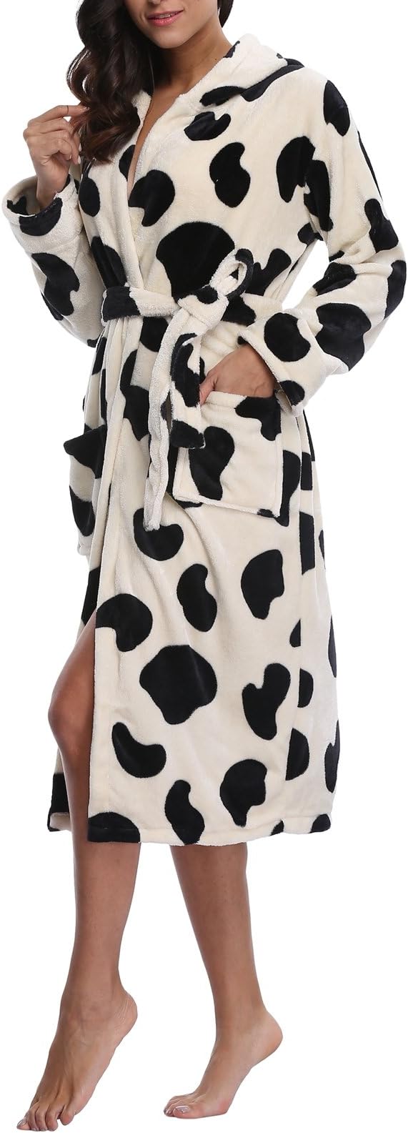 VIKEY Women's Fleece Hooded Robe,Long Bathrobe with Animal Print Warm Bathrobe
