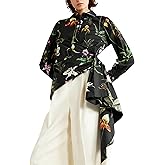 Women's Dressy Floral Long Sleeve Button Down Shirts Asymmetrical Irregular Hem Blouse Shirt Top