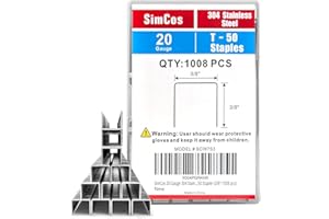 SimCos 20 Gauge 304 Stainless Steel T/50 Staples - 3/8" Crown Upholstery Staples, 1/4"~9/16" Leg Length, 1008 Counts, Compatible with Staple Gun & T-50 Stapler (3/8"-1008 pcs)