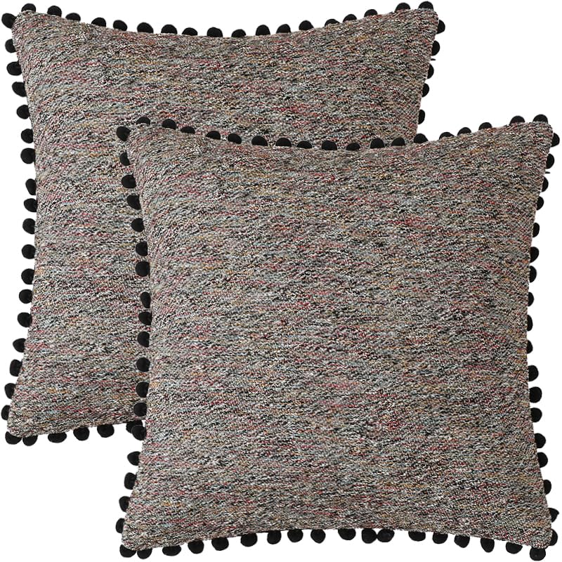 Tennove Cushion Covers 45x45cm Decorative Boucle Pillow Covers with Fluffy Pompoms Soft Boho Throw Pillowcase Set of 2 for Sofa Bed Home Decor, Black
