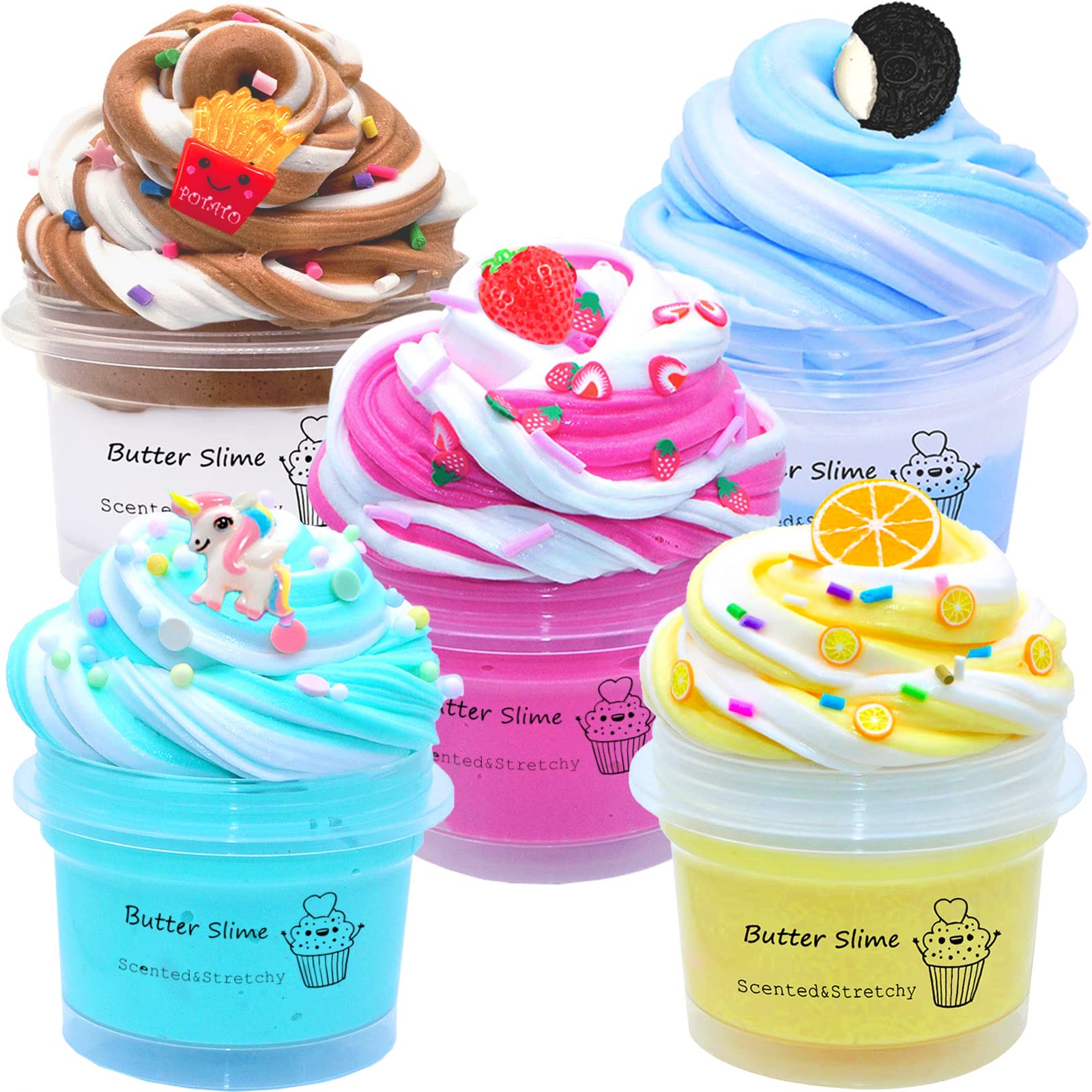 5 Pack Butter Slime,Pink Strawberry, Blue Ice Cream,Two-Toned Colorful Slime,Super Soft and Non-Sticky,Birthday Gifts for Kids,Party Favor for Girls & Boys.