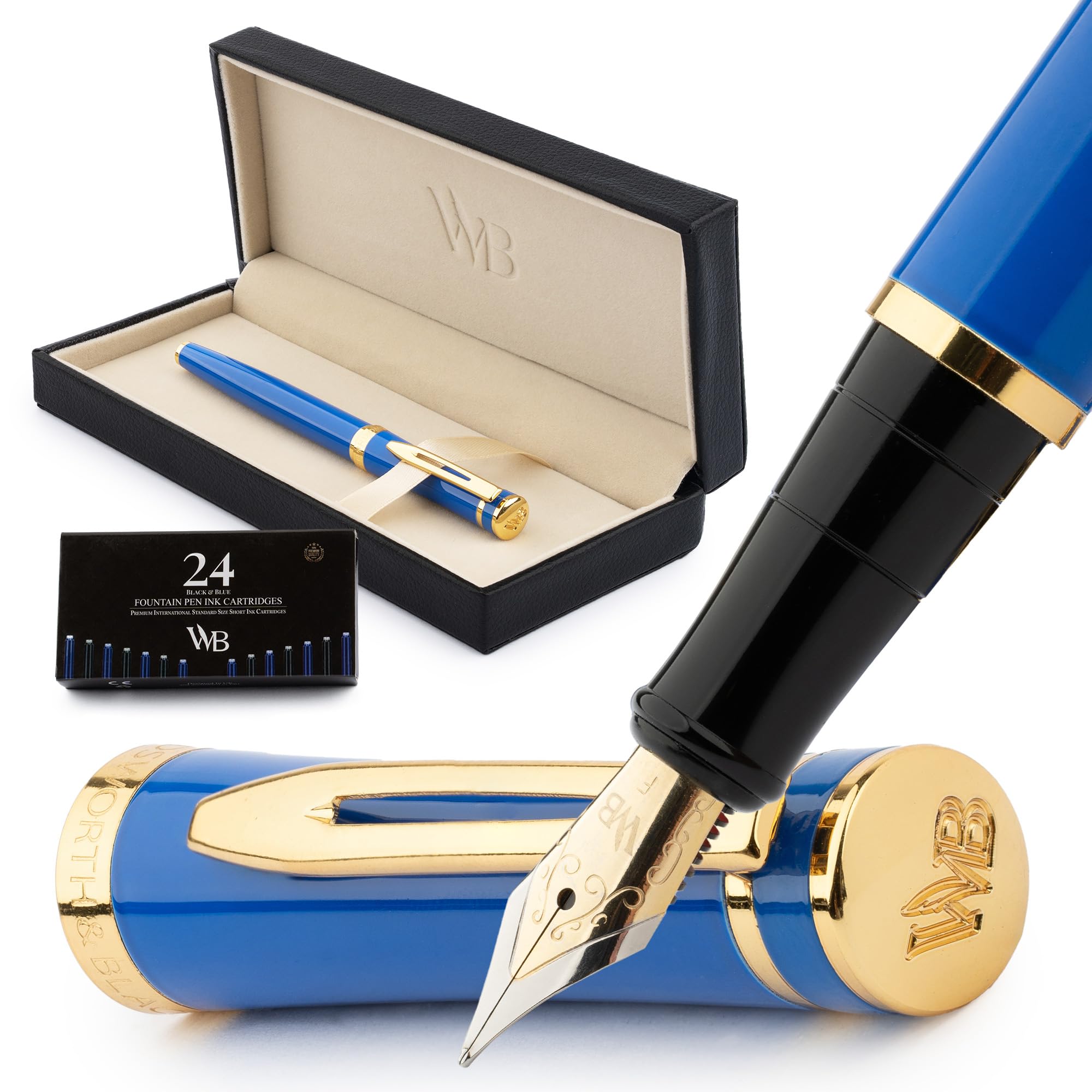 Wordsworth & Black Fountain Pen Set, 18K Gold Fine Nib, with 24 Ink Cartridges, Piston Converter and Gift Box, Gold, Calligraphy, Empire Blue