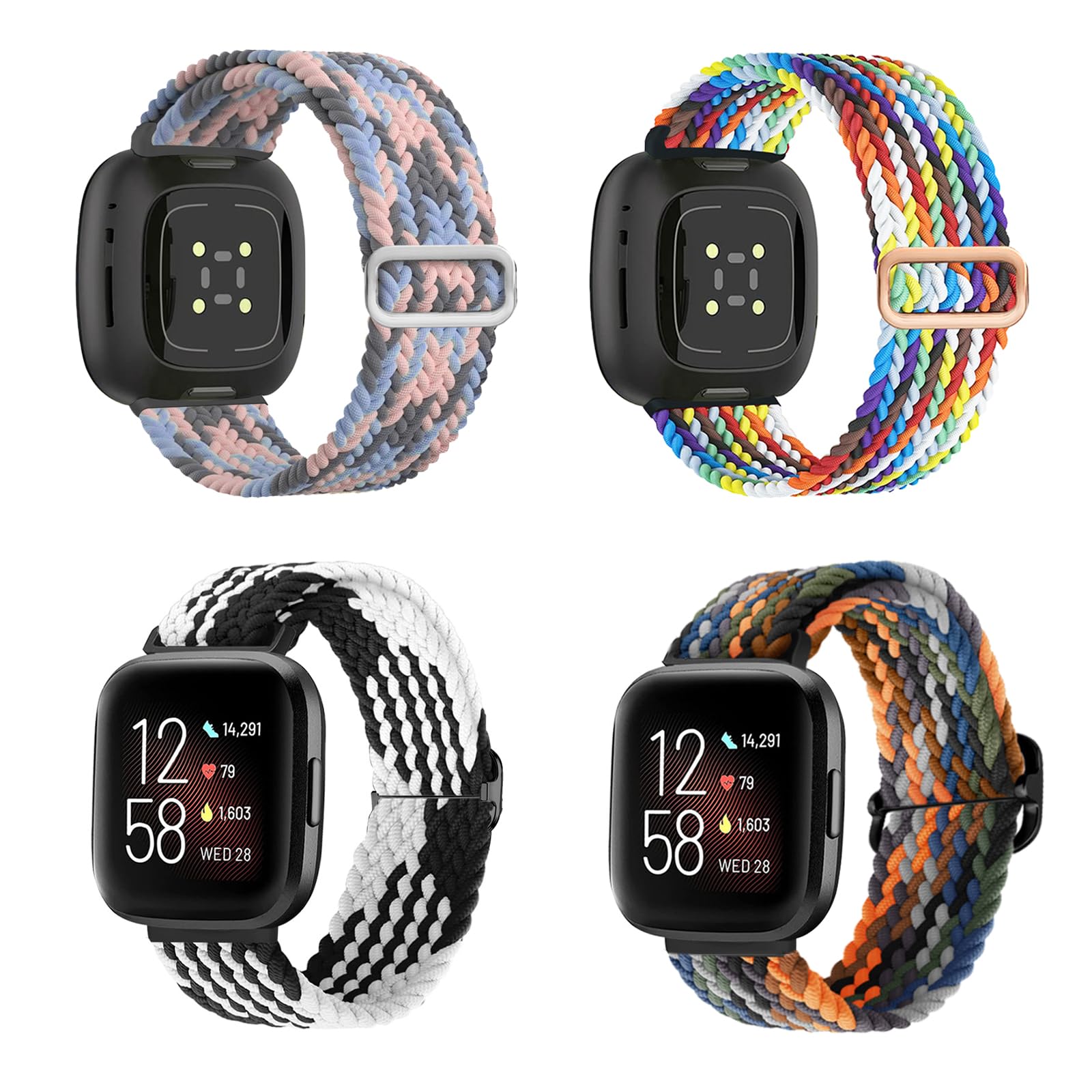 KASESSS 4 Pcs Elastic Nylon Straps Compatible with Fitbit Versa 4/3/Sense 2, Braided Nylon Sport, Fitbit Versa 4 Strap Replacement, for Women & Men