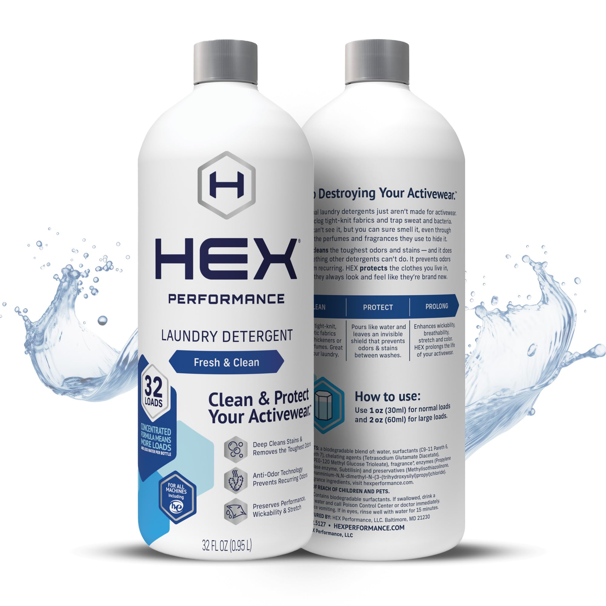 HEX Performance Laundry Detergent, Fresh & Clean, 64 Loads (Pack of 2) - Designed for Activewear, Eco-Friendly, Concentrated Formula