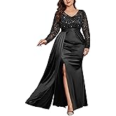 MISSMAY Women's Plus Size Sequins Lace V Neck Long Ruched Satin Slit Mermaid Hem Formal Party Long Dress