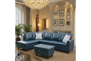 Trygoal L Shaped Couch Sectional Couches with Chaise and Storage Ottoman, 3 Pieces Modular Convertible Sofa for Living Room Furniture Sets and Small Apartment Faux Leather, Grey Blue