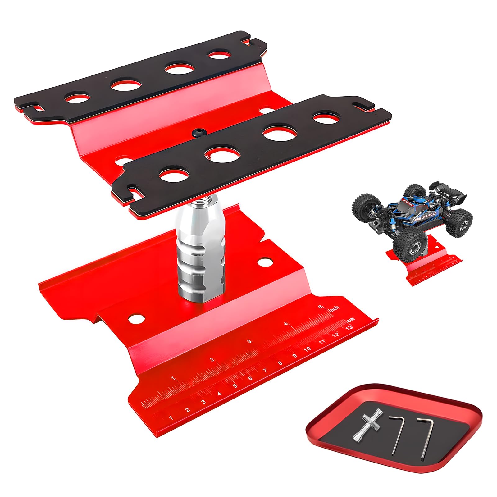 Craznick RC Car Work Stand & Screw Tray 360 Degree Rotation Aluminium Repair Station Lift for 1/8 1/10 1/12 1/16 1/18 Scale Traxxas TRX4 Axial Arrma Redcat Losi RC Crawler Monster Truck Buggy Red