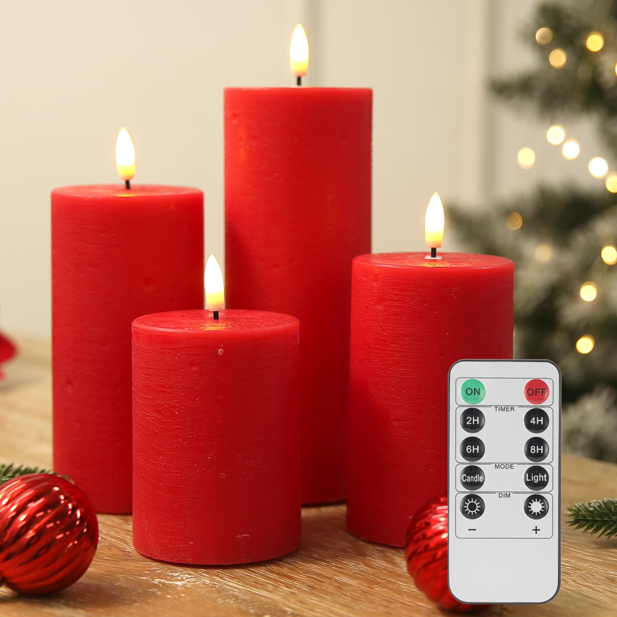 Photo 1 of LUSHABOR Flameless Candles, 4 Pack Battery Operated Candles with Remote, Real Wax LED Fake Candles with Timer Flickering for Christmas Wedding Home Party D3 H 5" 6" 7" 9" Red