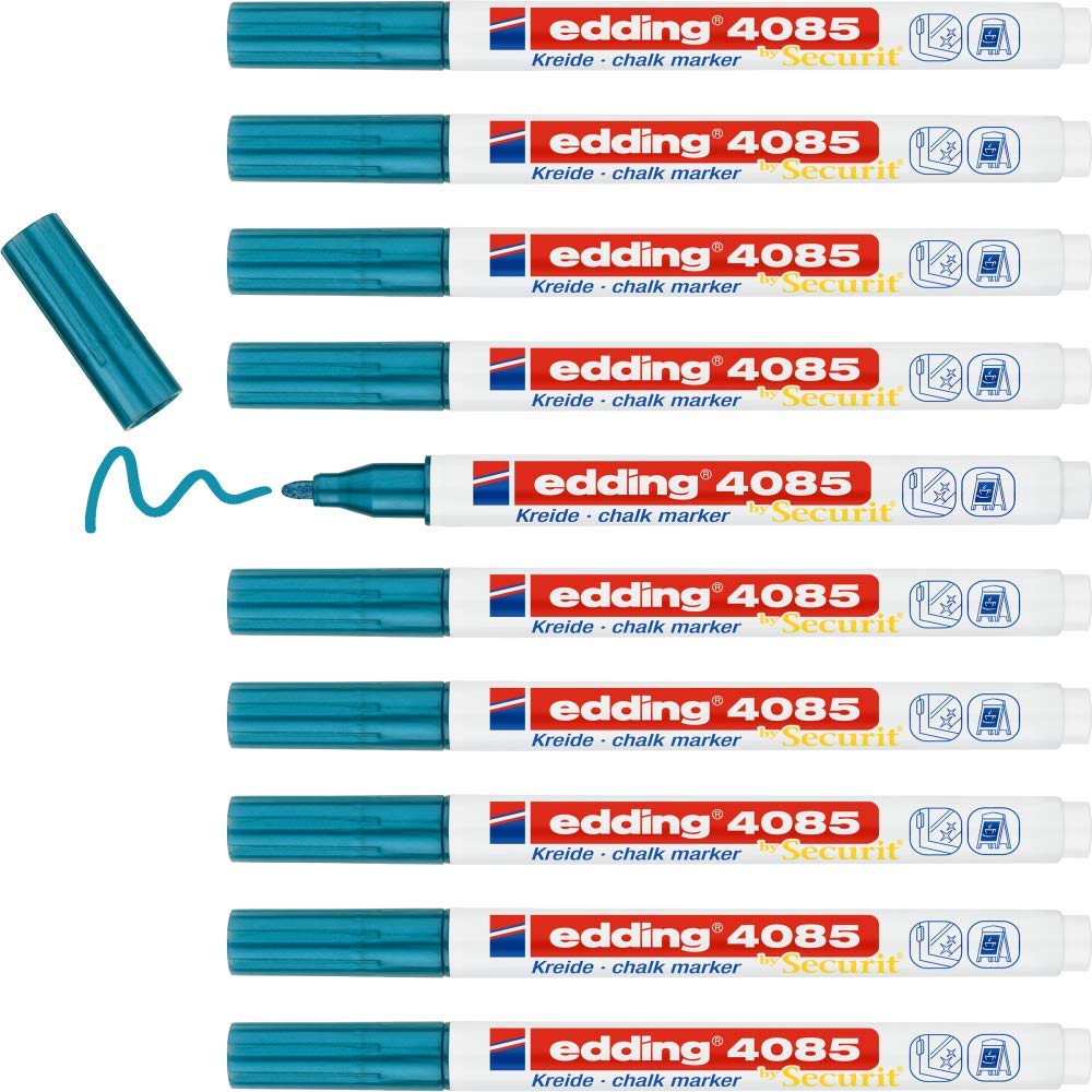 edding 4085 chalk marker - blue-metallic - 10 chalk pens - round tip 1-2 mm - fine-tipped wet wipe pen for chalkboards, windows, glass, mirrors - liquid chalk marker pens for opaque coverage