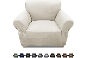 Pfrstuv Single Sofa Cover Leather Look Chair Covers for Living Room 1-Piece Sofa Chair Covers with Arms Stretch Furniture Protector with Elastic Bottom & Pockets(Armchair, Beige)